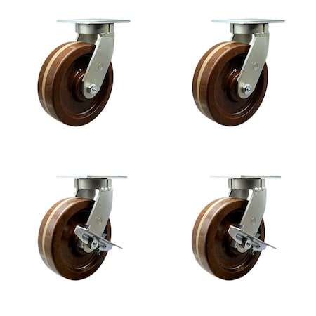Service Caster 8'' Heavy Duty High Temp Phenolic Swivel Caster Set with 2 Brakes , 4PK CRAN-SCC-KP92S830-PHRHT-2-SLB-2